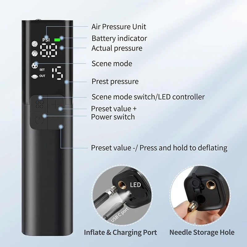 MY01 Electric Balls Pump With 4 Preset Modes Inflation & Deflation Accurate Pressure Gauge - Automatic For Sports Balls