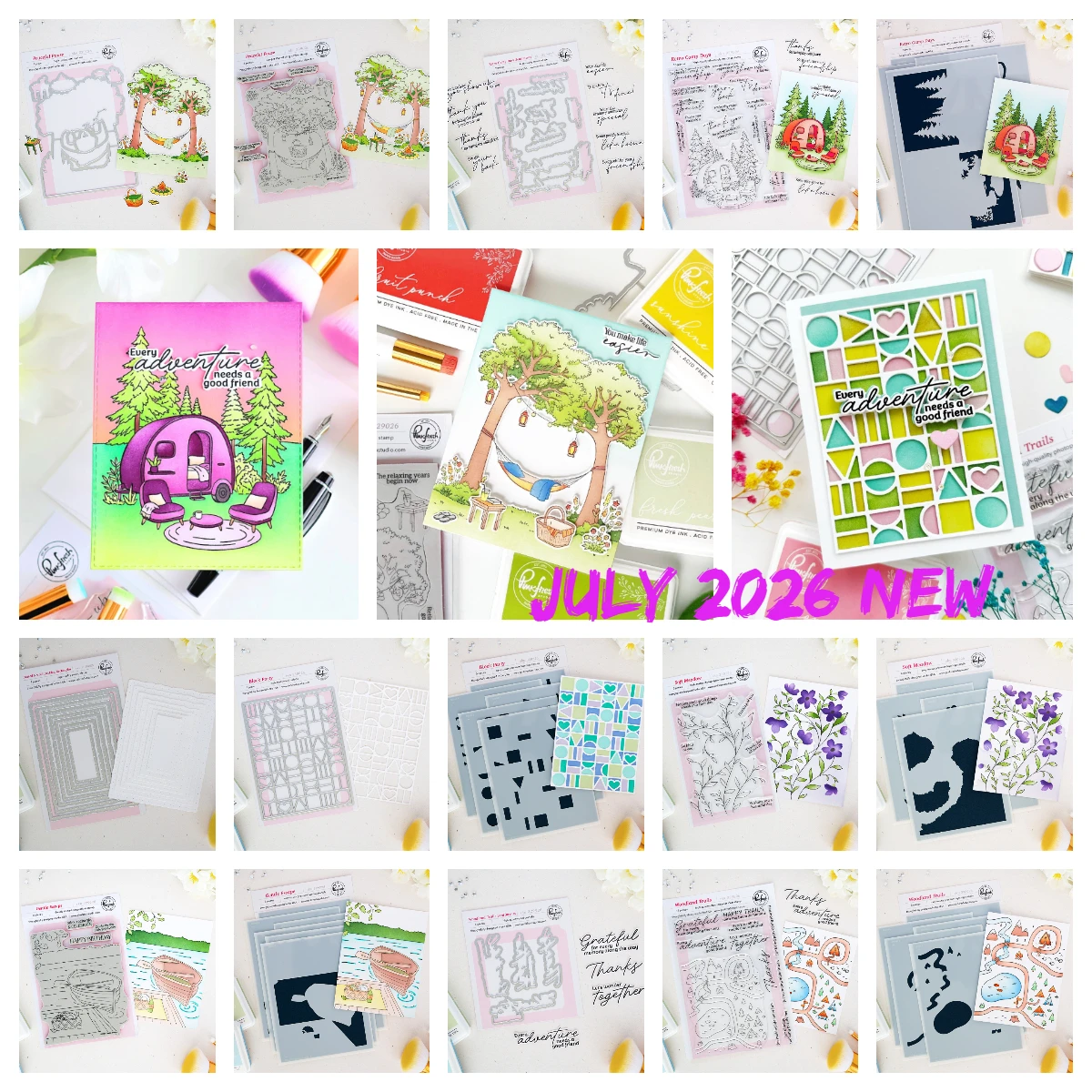 Pinkfresh New Woodland Trails Metall-Stanzformen, Schablonen, Scrapbooking, Karte, DIY, New Retro Camp Days, transparente Stempel, Bastelbedarf