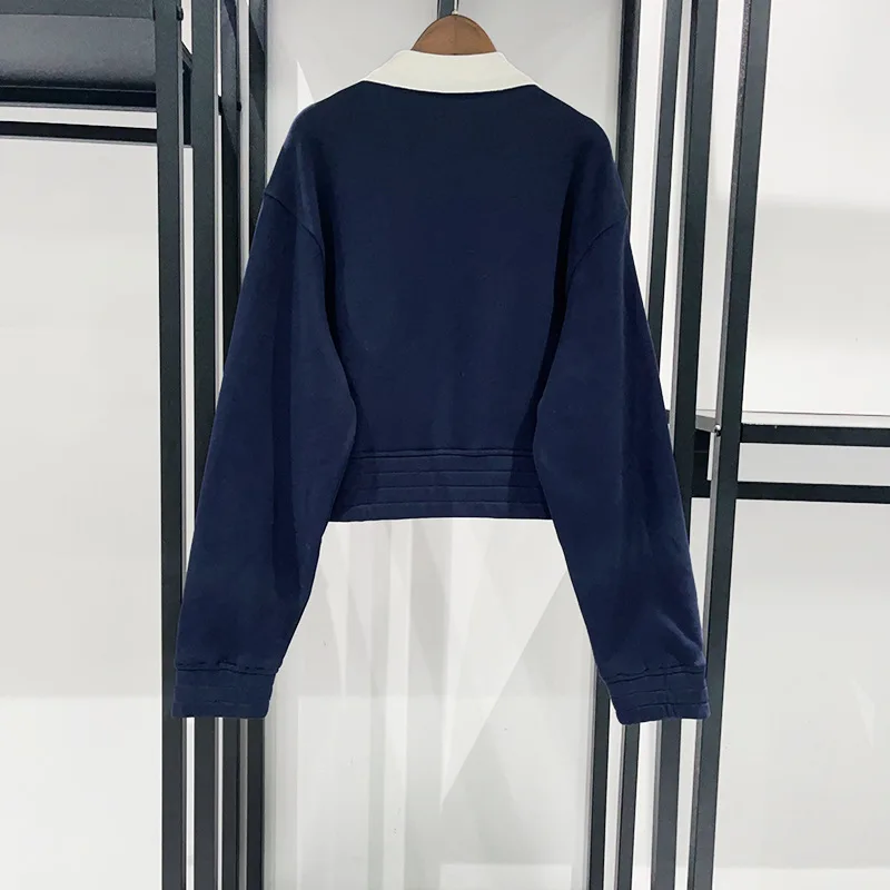 【هدية مجانية】2025 الخريف/الشتاء المرأة فضفاضة كولوربلوك بولو طوق زمم الخصر ضبط سترة قصيرة البلوز