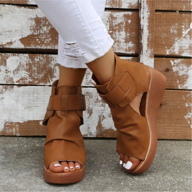 2023 New Fashion Ladies Sandals Wedges Pu Open Toe Summer Fashion Female Gladiator Solid Color Sandals Platform Shoes for Women