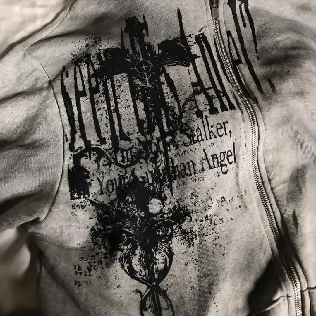 Harajuku Grey Hoodie Fashion Street Gothic Skull Oversize Zipper Hoodie Men Women Hip Hop Casual Sweatshirt Personality Hoodie - view 3