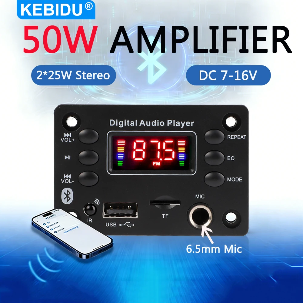 

50W Amplifier Bluetooth MP3 MWA Decoder Board DC 12V Car MP3 Player With Mic FM Radio Module TF USB Record Call Car Speaker Kit