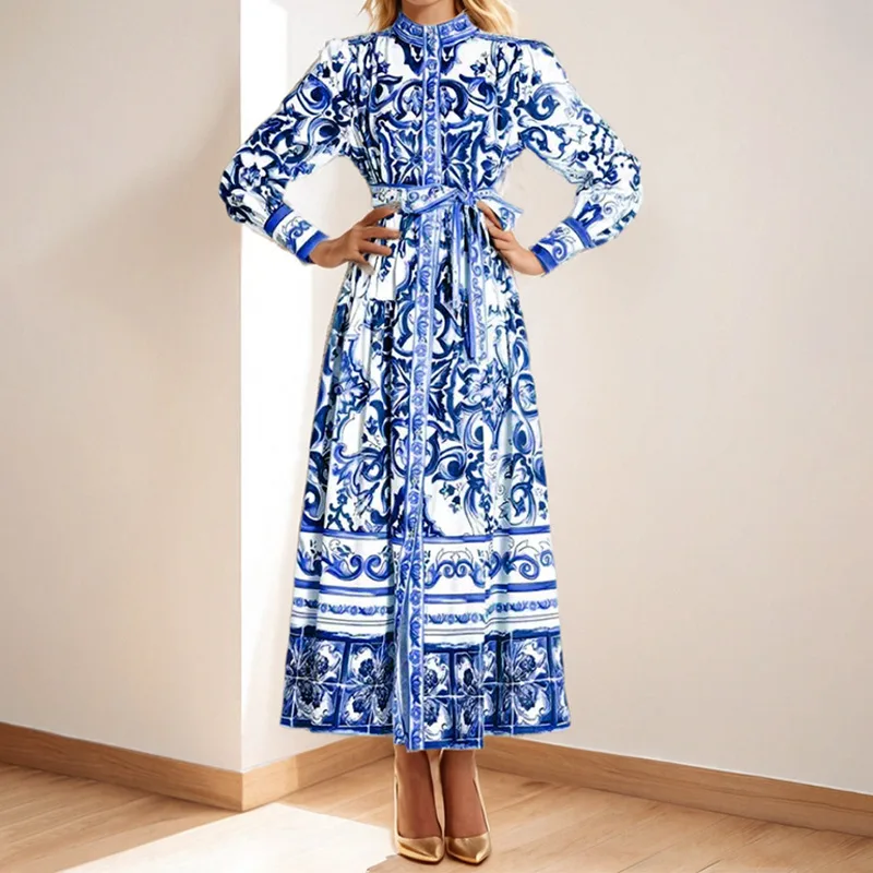 

New2025Spring Hot European and American Women's Clothing Elegant Graceful Printing Lace-up Stand-up Collar Large Swing Waist Dre