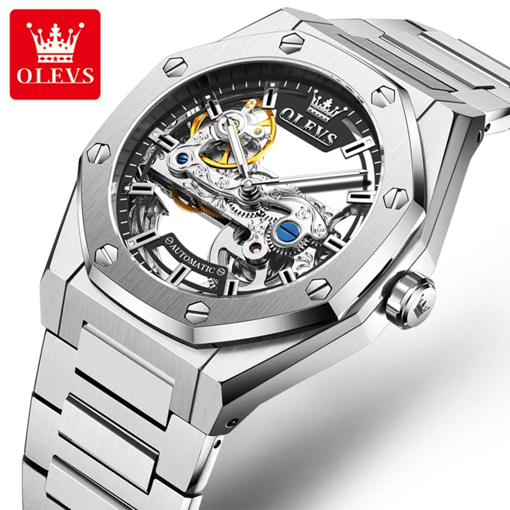 OLEVS Luxury Sport Octagon Skeleton Automatic Mechanical Watch Men Stainless Steel Waterproof Luminous Business Wrist Watch 6742