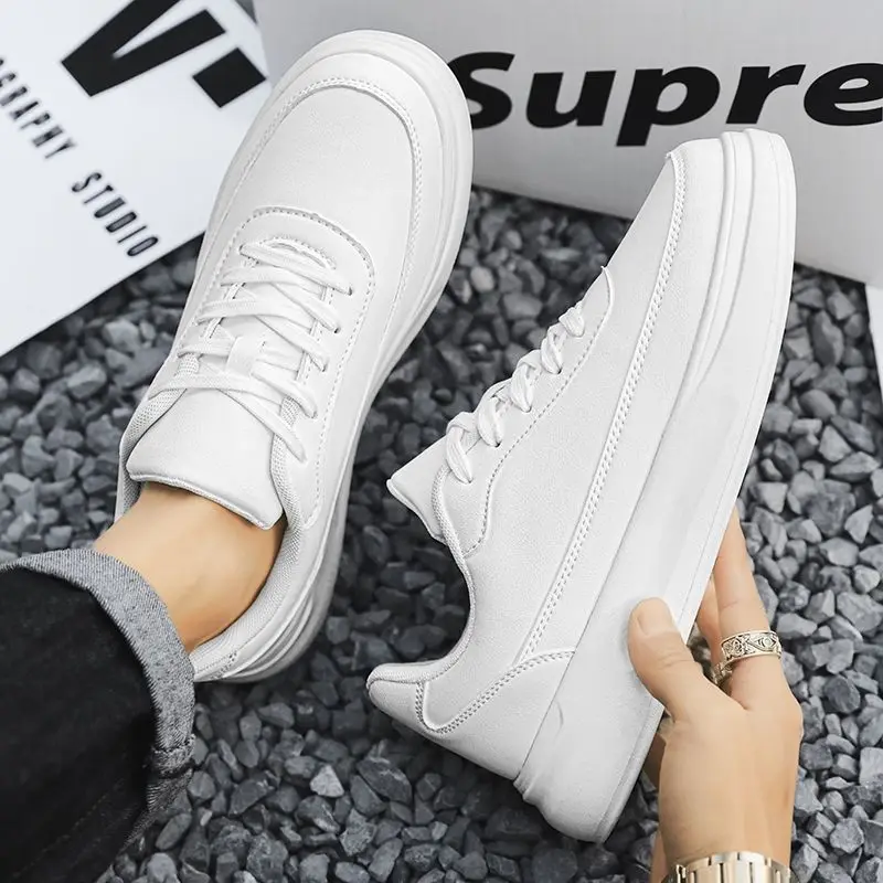 

Trendy Men's White Sneakers Height Increasing Sole Student Sporty Non Slip Waterproof Versatile Couple Shoes