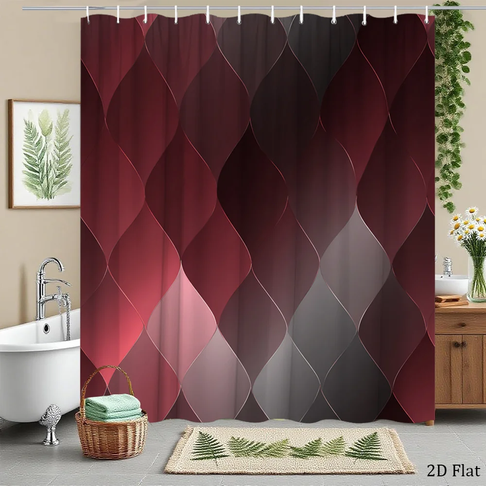 Luxury Abstract Geometric Shower Curtain Burgundy Maroon Gray 2D Waterproof Bath Room Divider Curtain 180x200cm Stylish Home Dec