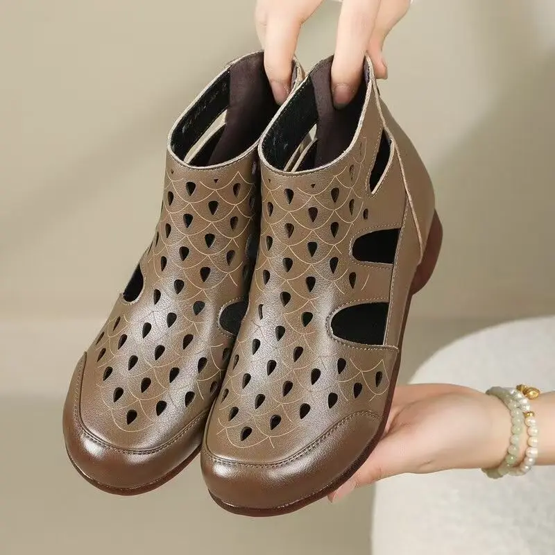 Women Genuine Leather Big Size Flat Sole Cool Boots Summer New Soft Sole Round Toe Hollow Out High Quality Cave Ankle Boots