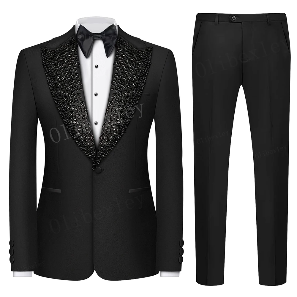 B26 Luxury 2PCS Wedding Tuxedo Formal Groom Men Suits Slim Fit Crystals Beaded Male Blazer Pants Tailored Made Prom Party Suit