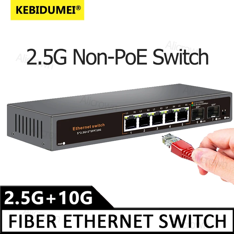 

5 Ports Ethernet Network 2.5Gbps RJ45 Non-POE 2 Port 10G SFP Ethernet Switch Plug and Play for IP Camera NVR CCTV Security Hub