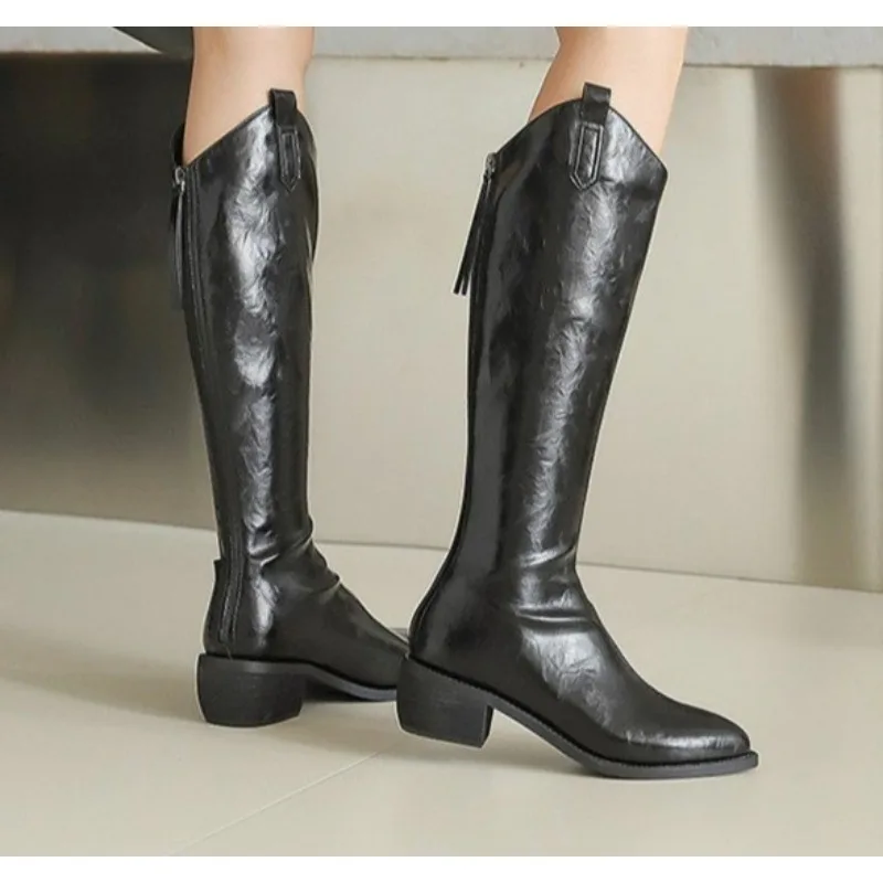 

Winter New Pointy Mid-heel Knee-high Boots Back Zipper Solid Color Heightening Car Stitch and Velvet Fashion Elegant High Boots