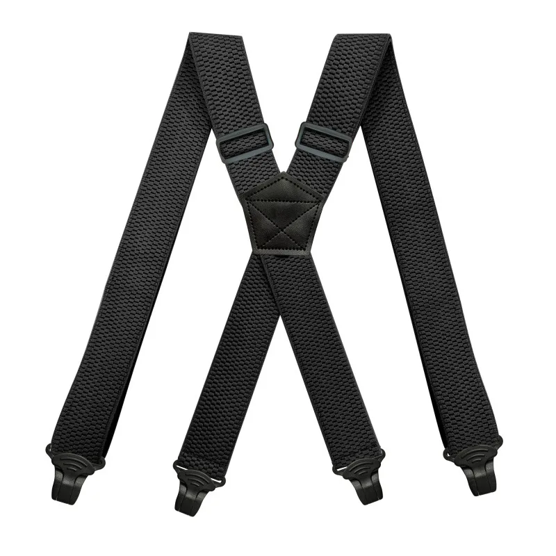 H Heavy Duty Work Suspenders for Men 3.8cm Wide X-Back with 4 Plastic Gripper Clasps Adjustable Elastic Trouser Pants Braces-Bla