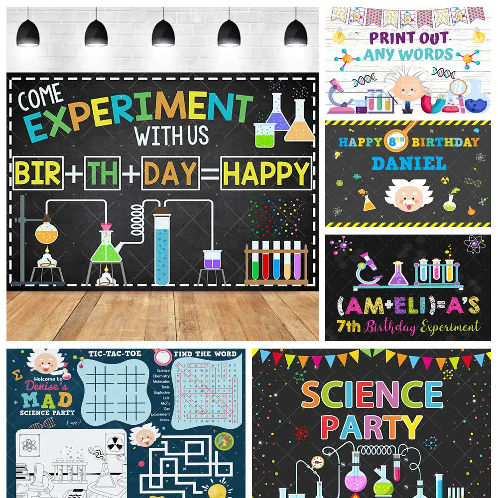 

Cartoon Magic Chemical Reagent Science Experiment Theme Kids Birthday Party Banner Backdrop Custom Room Poster Decor Background