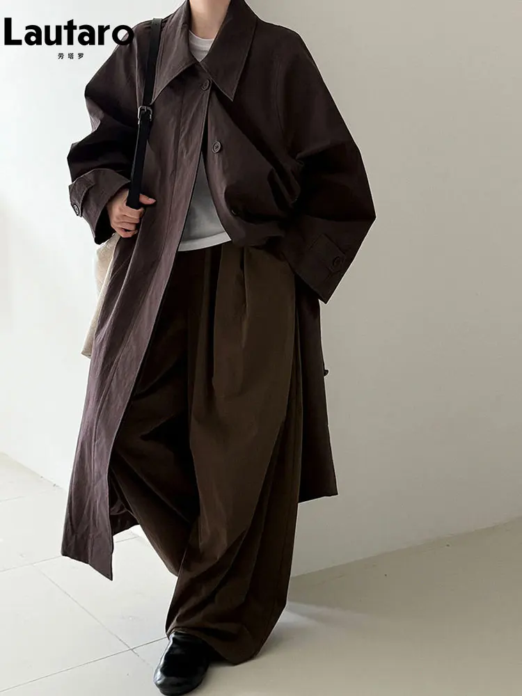 

Lautaro Spring Autumn Long Black Loose Casual Trench Coat for Women Turn-down Collar Belt Luxury Designer Korean Fashion Clothes