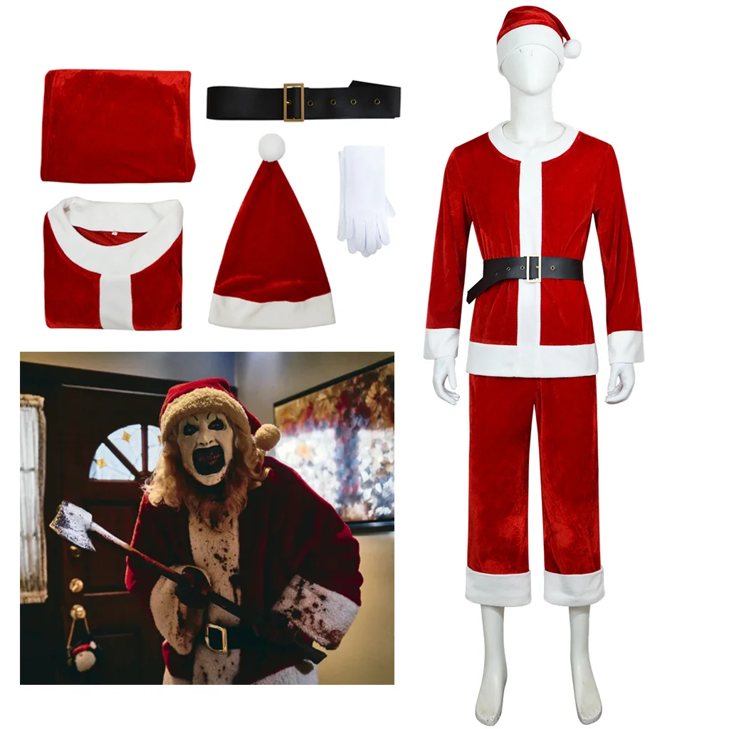 Cosplaydiy terrifiers palhaço cosplay vermelho papai noel uniforme halloween carnaval festa roupas roleplay trajes de natal