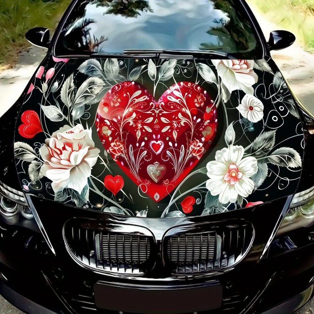 

Artistic Heart and Flowers PVC Car Vinyl Wraps for Trucks, Cars & SUVs, Self-Adhesive Waterproof Car Hood Decal, Decorative Scra