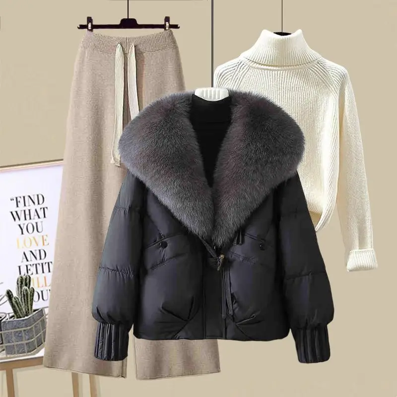 

Осенне-зимнее женское модное вязаное хлопковое пальто-джат с меховым воротником и свободными повседневными брюками, комплект из футболки