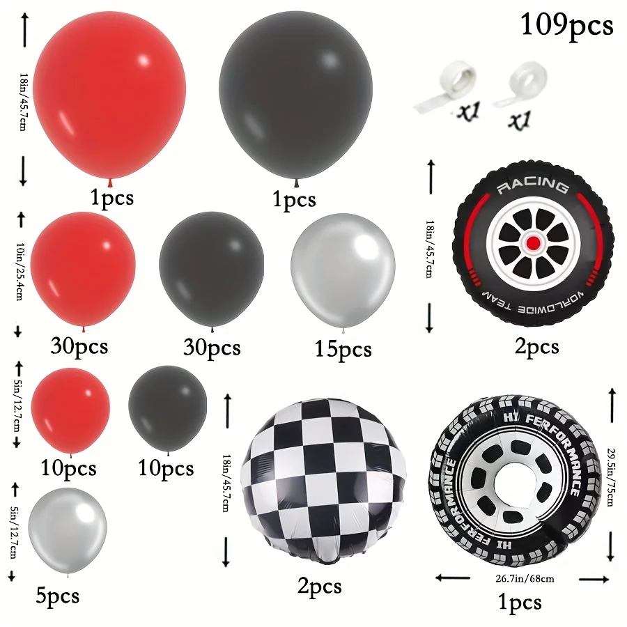 109pcs Race Car Theme Balloon Garland Arch Kit Checker Tire Red Black Latex Balloons for Boy's Birthday Party Baby Shower Decor view 3