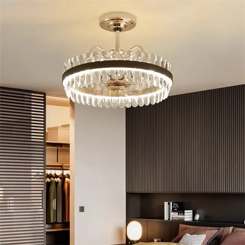New Fashionable Home Electric Fan Chandelier Remote Control LED Light 3 Blades Luxury Crystal Design for Dining Rooms