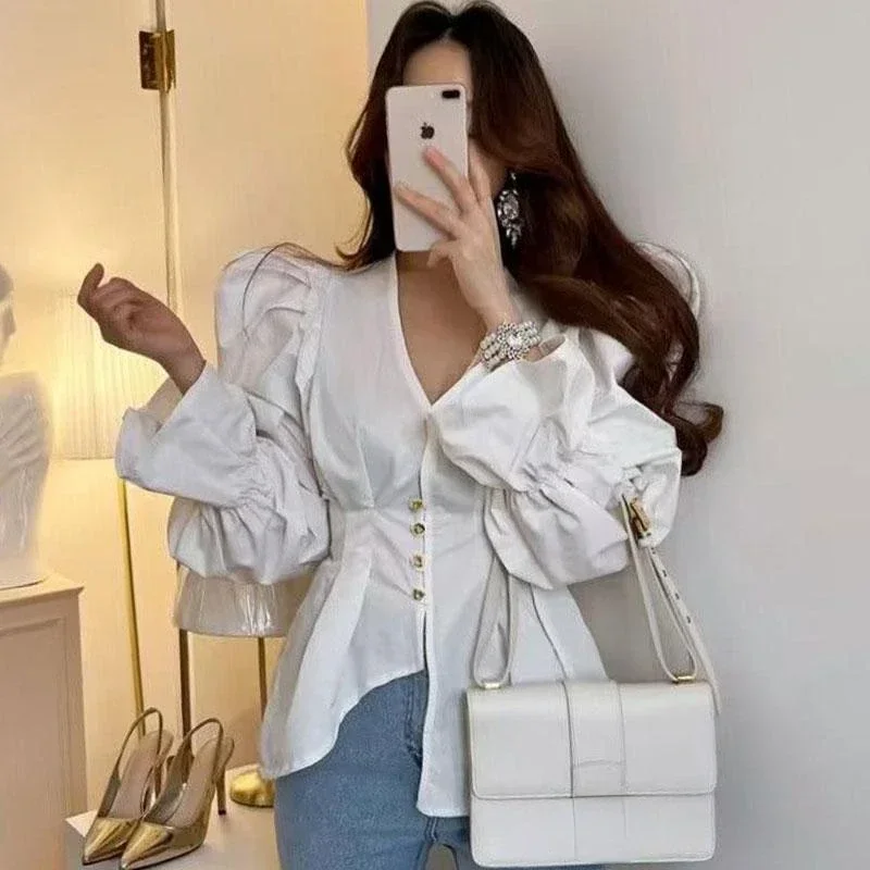 

New Grunge Aesthetics Irregular Shirt Bandage Blouses Vintage Gothic Flare Sleeve Emo Alt Clothes Y2k White Tops