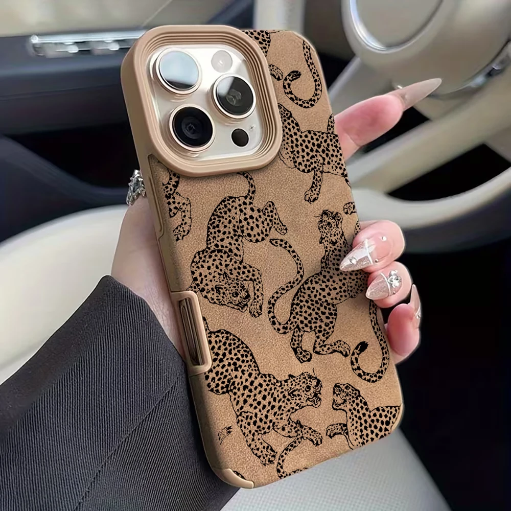 Elegant Leopard Pattern Faux Suede Case for iPhone 17 16 15 14 13 12 11 Pro Max Plus 17 Air Artificial Leather Anti-Fall Cover