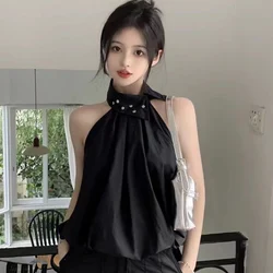 Fashion High Street Casual Original Design Solid Color Halter Strap Sleeveless Shirt Youthful Wind Sweet Sexy Popular Lady's Top