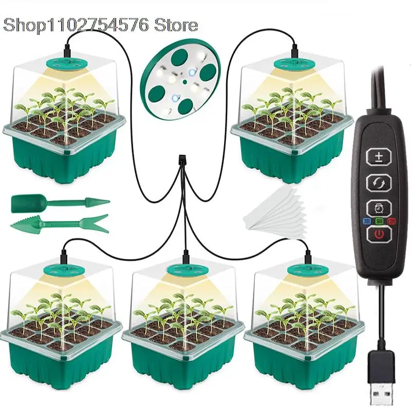 Full Spectrum LED Grow Light with Seedling Tray Plant Seed Starter Trays, Greenhouse Growing Trays with Holes 12 Cell Per Tray