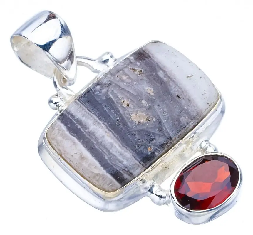 

StarGems® Natural Zebra Calcite GarnetHandmade 925 Sterling Silver Pendant 1.25" F4580