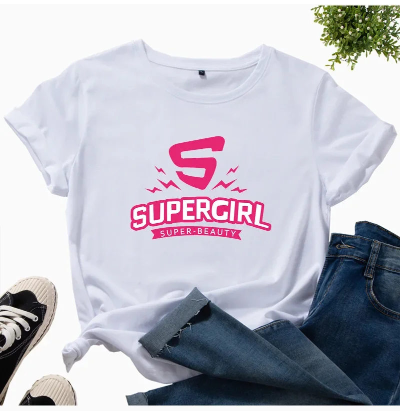 

Super Girl Printed T-shirt, Short-sleeved, Round-neck Cotton Casual Daily Wear Suitable for Both Men and Women
