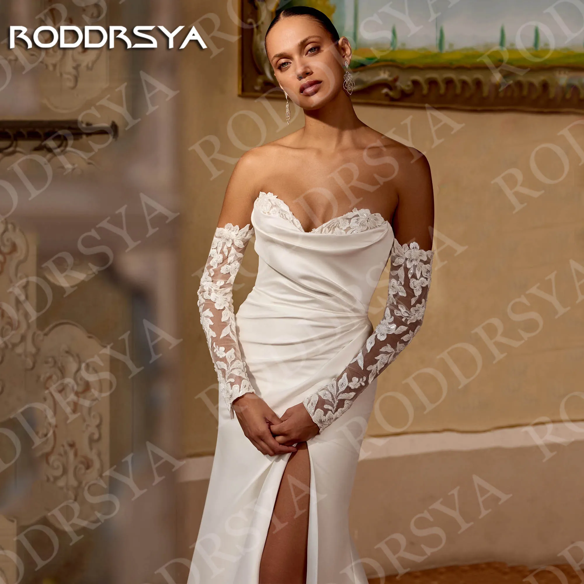 RODDRSYA personnalisé élégant sirène robes de mariée Sexy chérie dentelle manches longues Satin robe de mariée haute fente femme 2026 Personnalisé élégant sirène robes de mariage sexy chérie dentelle manches longues sa