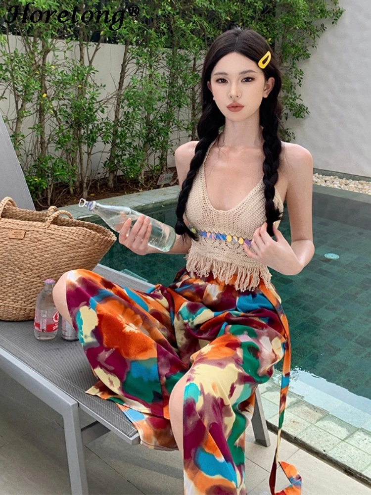 

Женский красочный комплект из 2 предметов: сексуальный крючковый топ-халтер с бахромой и широкие брюки-палаццо для летнего пляжного отдыха и повседневной носки