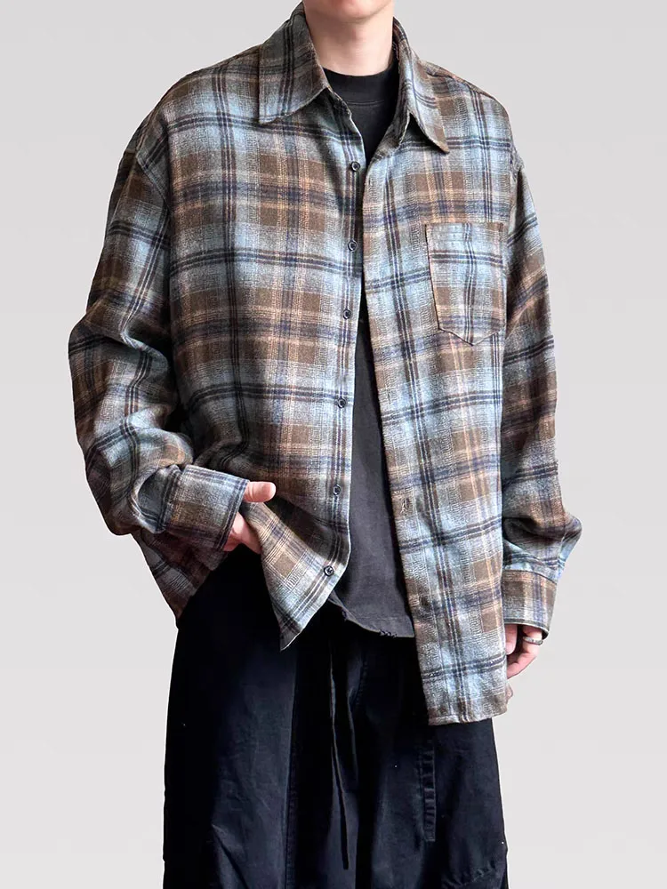 

Американская ретро синяя клетчатая рубашка, мужская осенняя брендовая шлифовальная рубашка, пальто, свободная повседневная рубашка