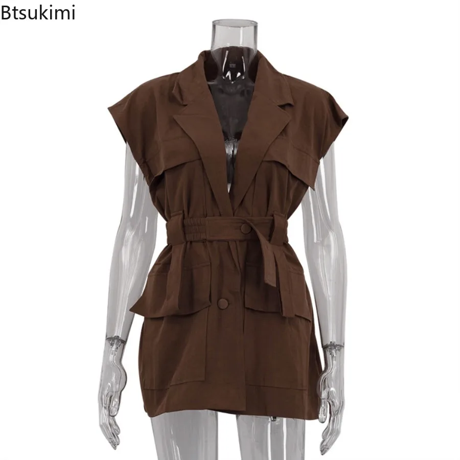 2025 Summer Sleeveless Workwear Shirt Multi-Pocket Design Women Loose  Tops Lapel Collar Button Fashion Solid Color Cardigan Top