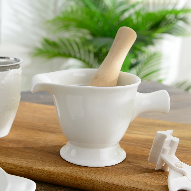 Plain White Embossed Porcelain Grinder with Sticker, Ceramic Mortar and Pestle for Fruit Vegetable Spice, Salad Food