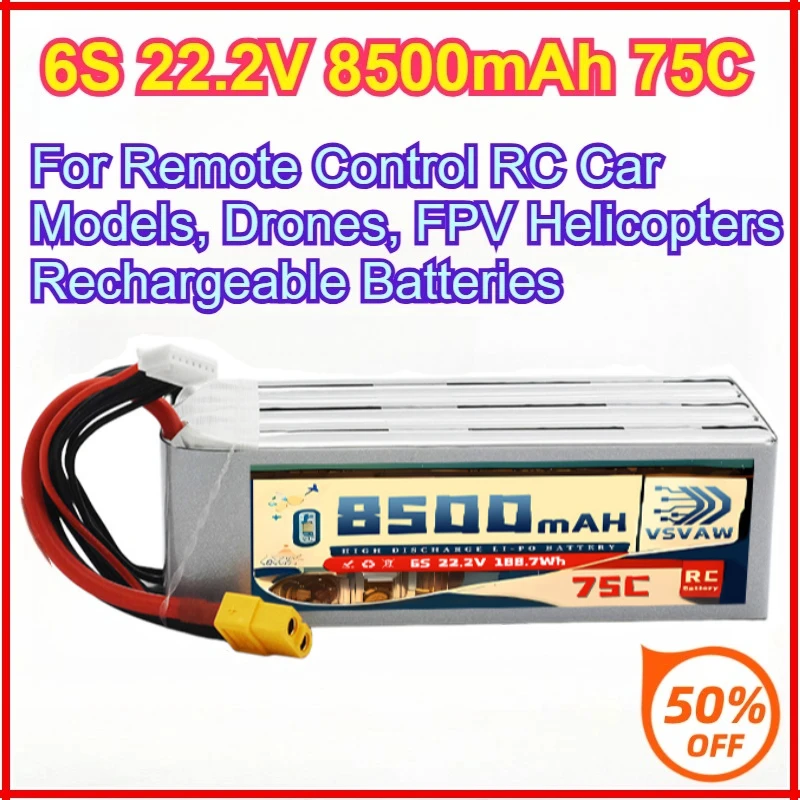 

RC LiPo Battery 6S 22.2V 8500mAh 75C For Remote Control RC Car Models, Drones, FPV Helicopters Rechargeable Batteries
