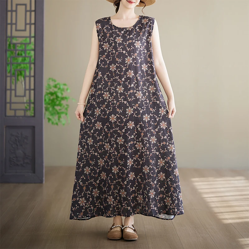 

plus Size Cotton Printed Summer Dress Thin Sleeveless Long Skirt Style round Neck Mommy Clothes Ethnic Style Loose Fit Touris...