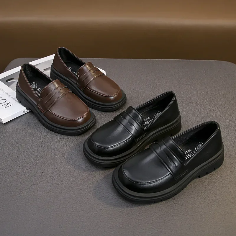 

Childrens Spring Autumn New Leather Shoes Girls Student Performance Casual Soft Soled Shoes Boys Low Heels Solid Color Kid Shoes