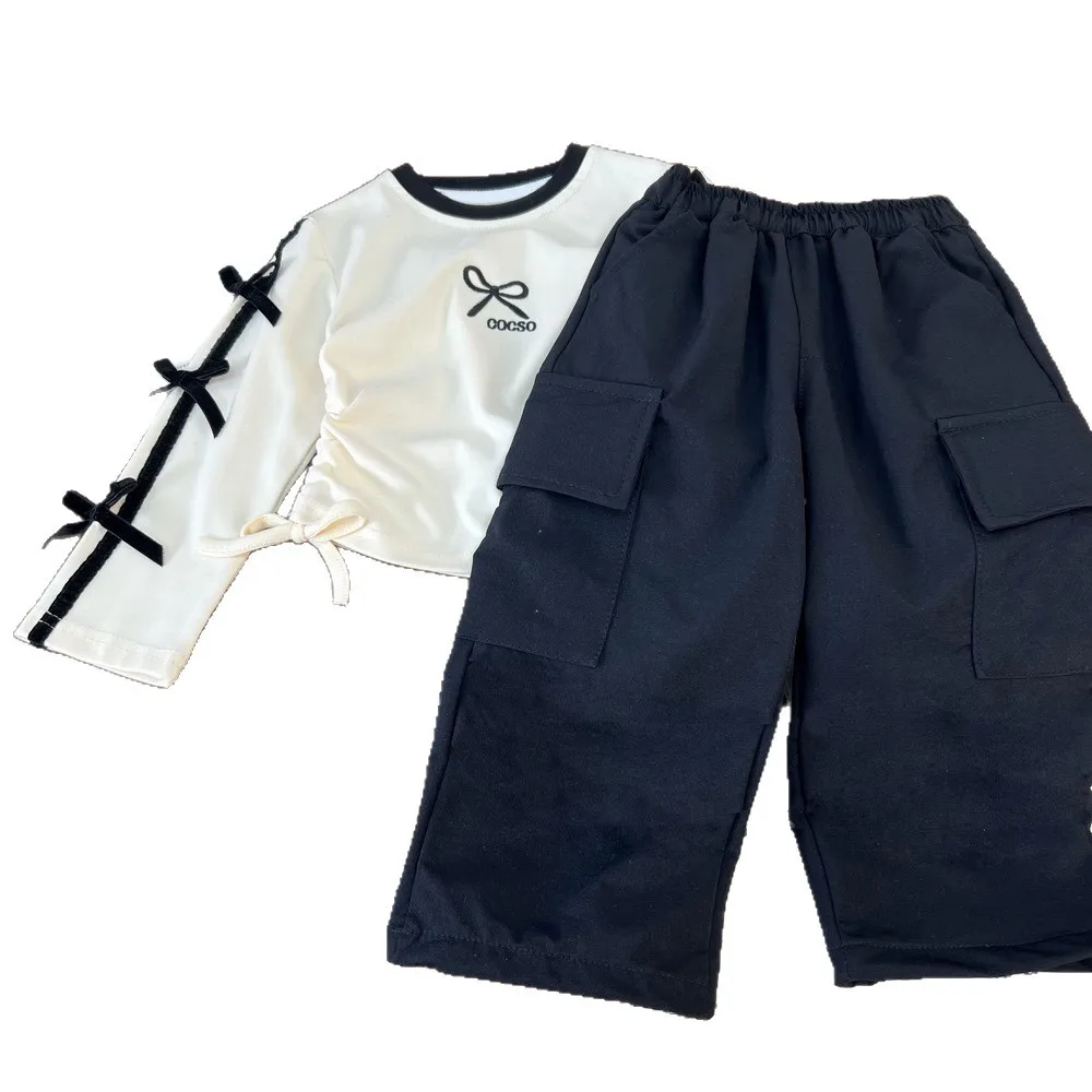 2025 Autumn New Girls Long Sleeve Clothes Set Girls Sweet Bow Print T Shirts + Cargo Pants 2pcs Suit Kids Patchwork Outfits