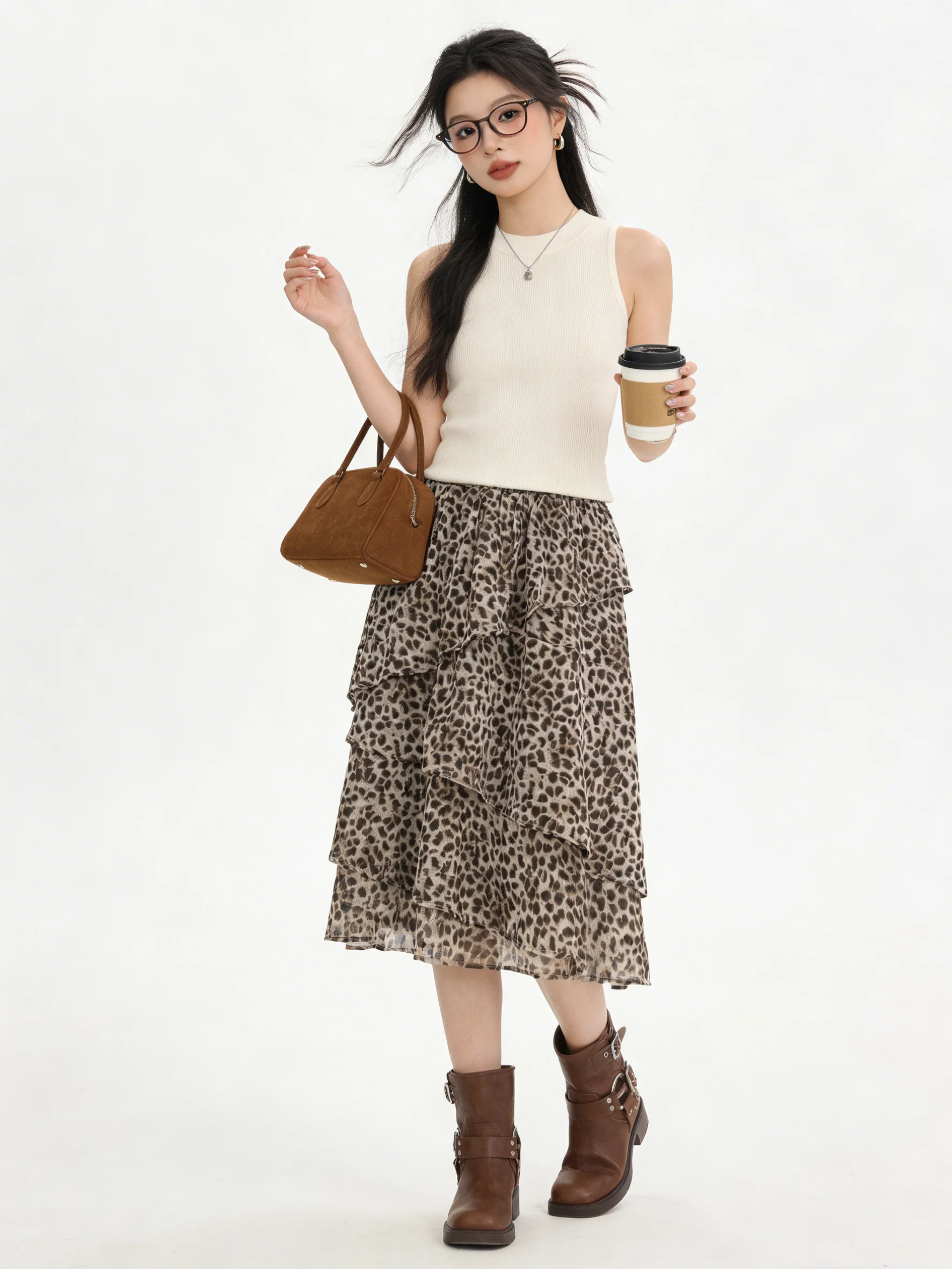 Korean Style High Waist A-Line Skirt Leopard Print Cake Skirt Breathable Skin-Friendly Mid-Length Asymmetrical Hemline