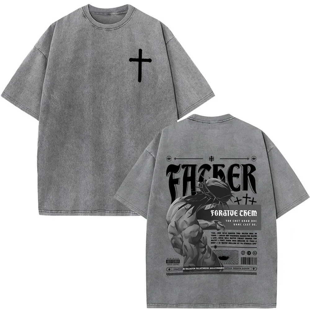 Christian Religious Jesus Forgive Them Father Bible Verse Vintage Acid Washed T-shirt Men Fashion Oversized T Shirts Streetwear