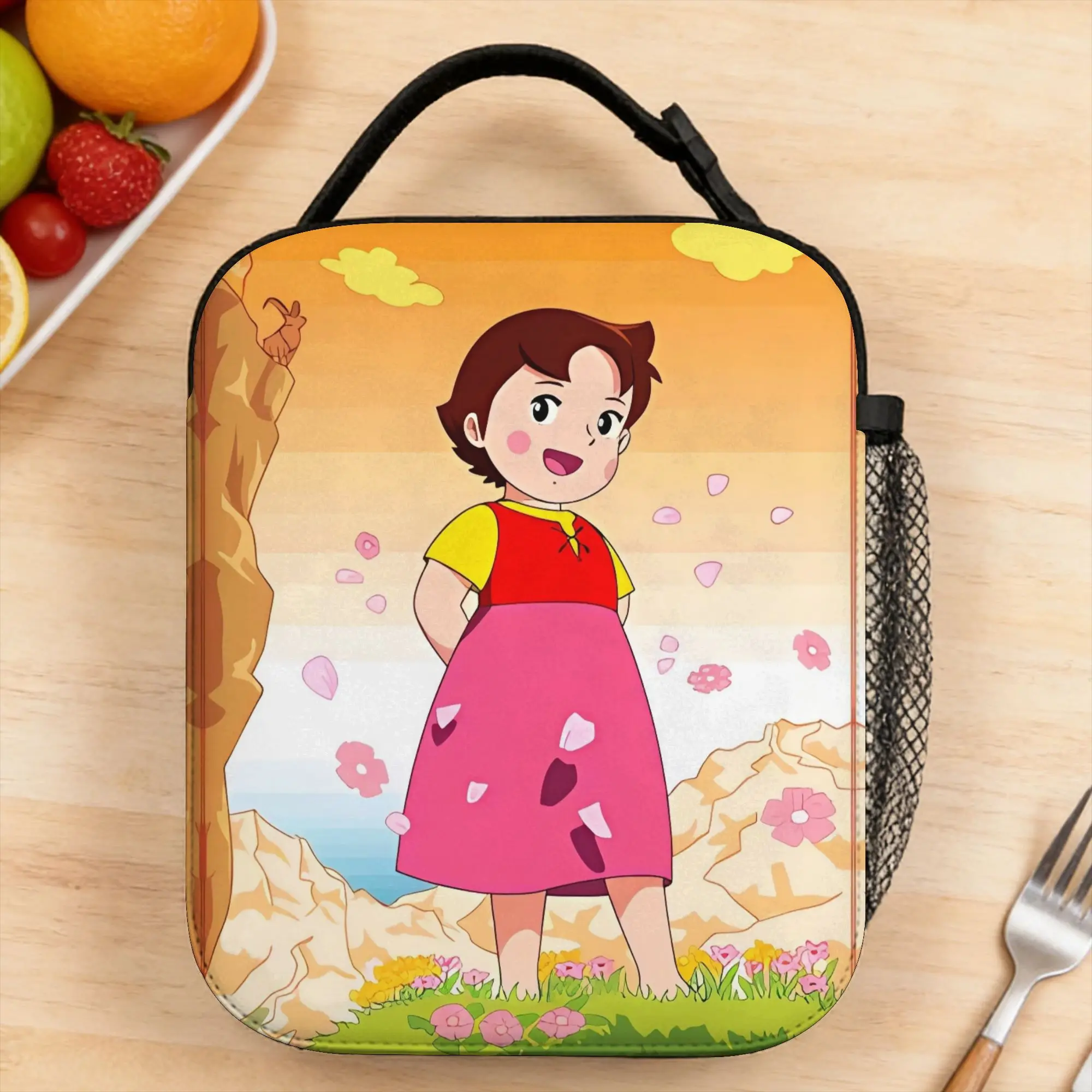 Custom Alps Mountain Girl Happy Heidi Lunch Bag Cute School Lunch Box Print Convenient Thermal Tote Handbags