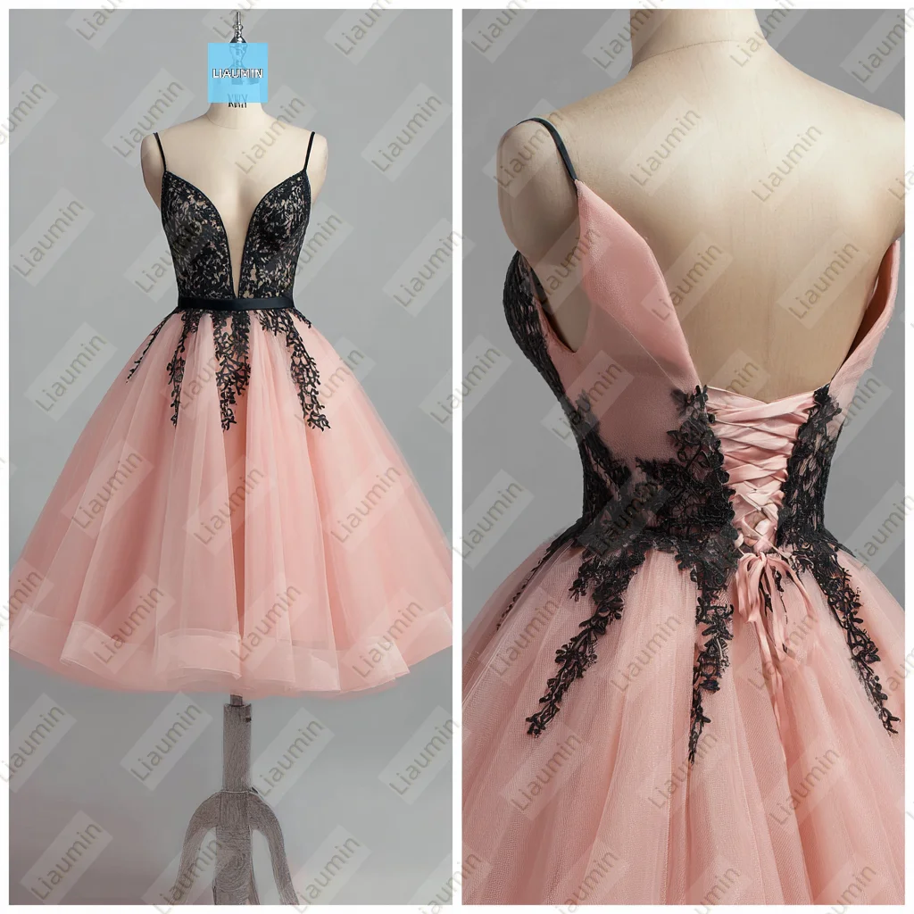

Pink Tulle V Neck Spaghetti Straps Black Lace Applique Evening Prom Wedding Formal Dress Lace-up Back Customized Made A7-1.32