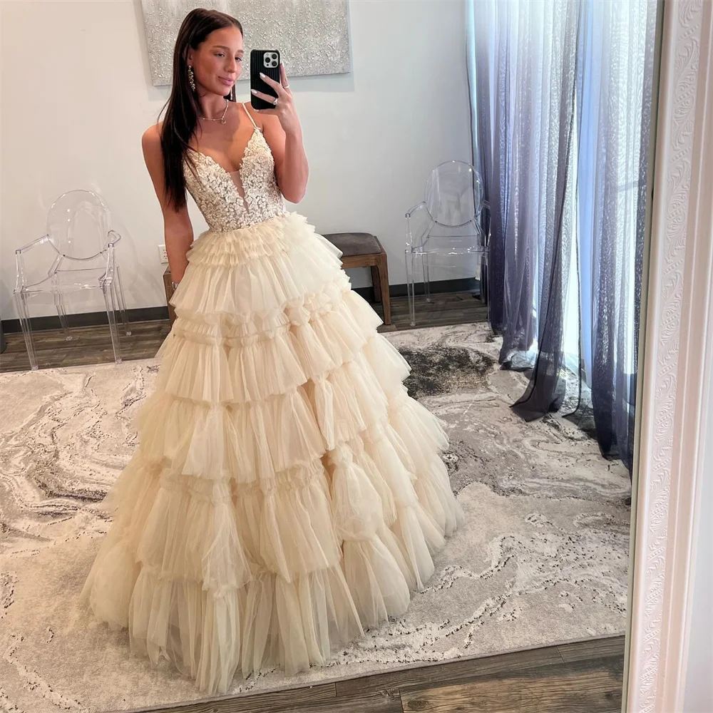 Amanda-luxuosos vestidos de baile bege com alça de espaguete, elegante vestido sem mangas, vestido de tule com renda, 2024