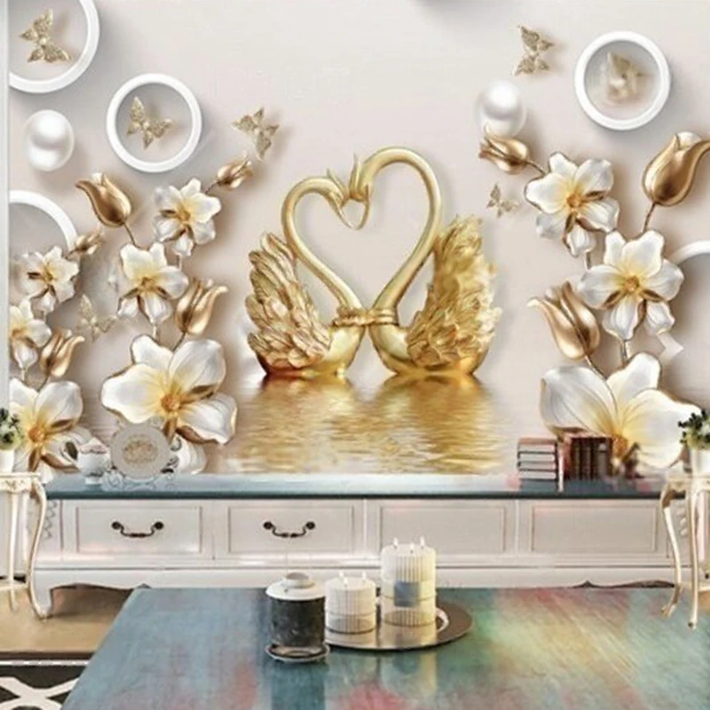 Customized 3D Textural Wall Mural Modern Swan Flower Butterfly Design Wallpaper for Living Room Bedroom Sofa Wall Decoration