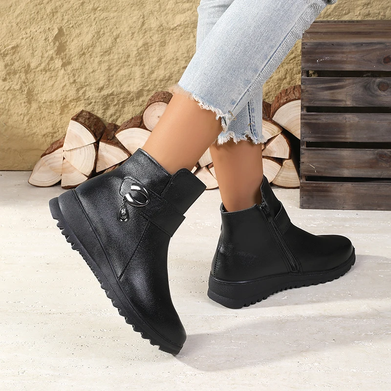 Sepatu Bot Hangat Berlapis Bulu Musim Gugur & Musim Dingin - Sepatu Nenek dengan Ritsleting Samping Anti Selip, Alas Kaki Bergaya Serbaguna untuk Usia Paruh Baya & Lansia