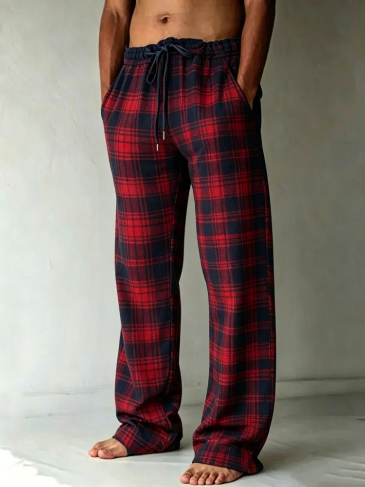 Mens Vintage Tartan Plaid Full Pattern Elastic Drawstring Loose Straight Drag Floor Streetwear Trousers