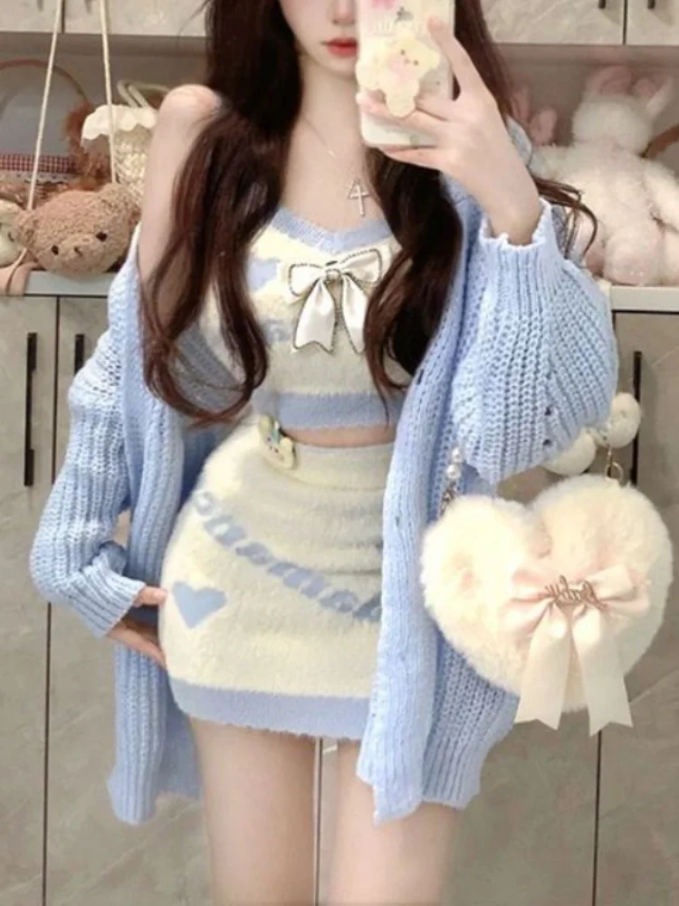 

Winter Kawaii Knitted Three Piece Set Women Bow Warm Sweater Mini Skirt Suit Female Casual Korean Fashion Y2k Sweet Set 2023
