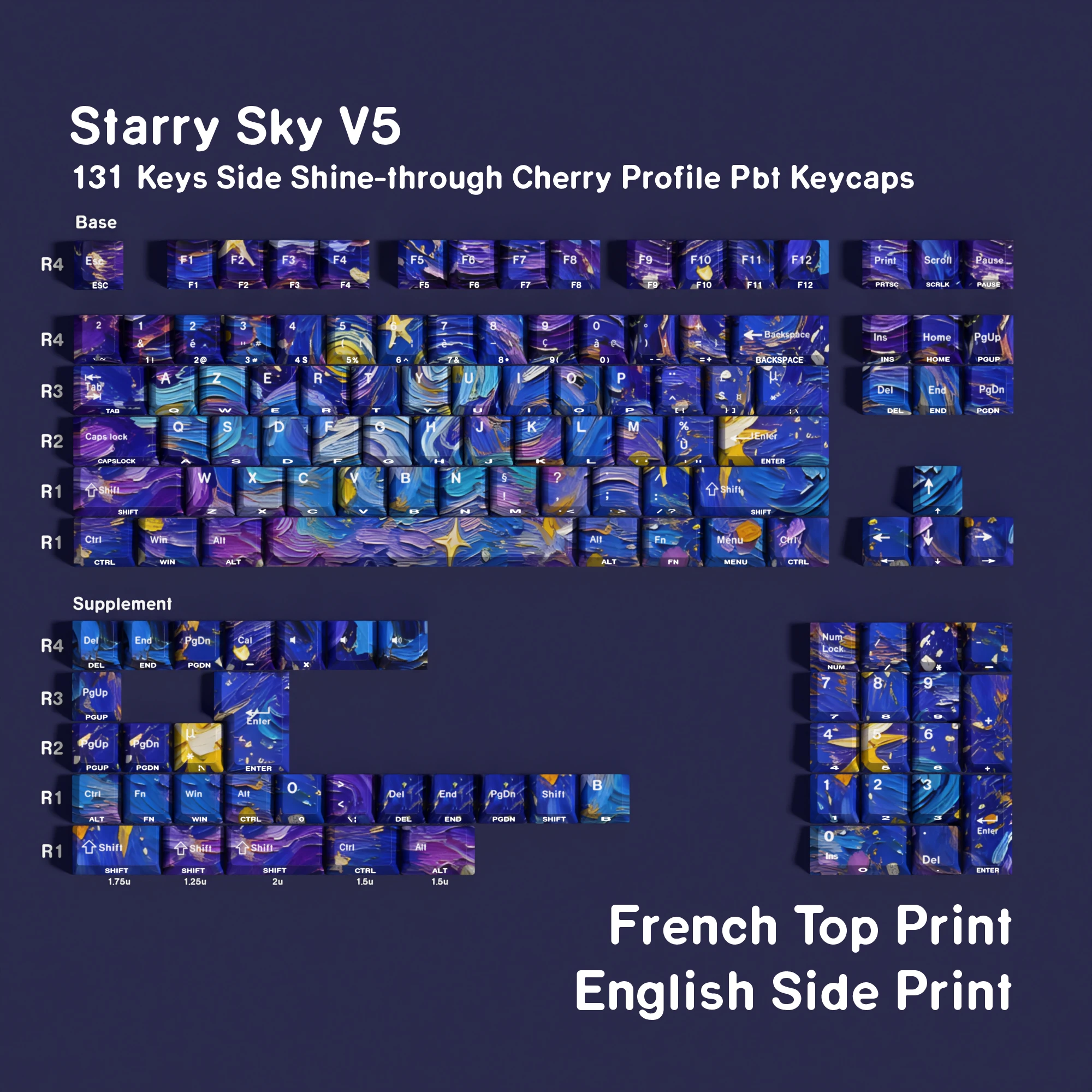 Starry SkyV5 Dye-Sub Cherry Profile Keycaps Dubbele Print 131 Toetsen Hebreeuws DE FR KR RU ES Compatibel ISO Layout voor Mechanische Toetsenborden