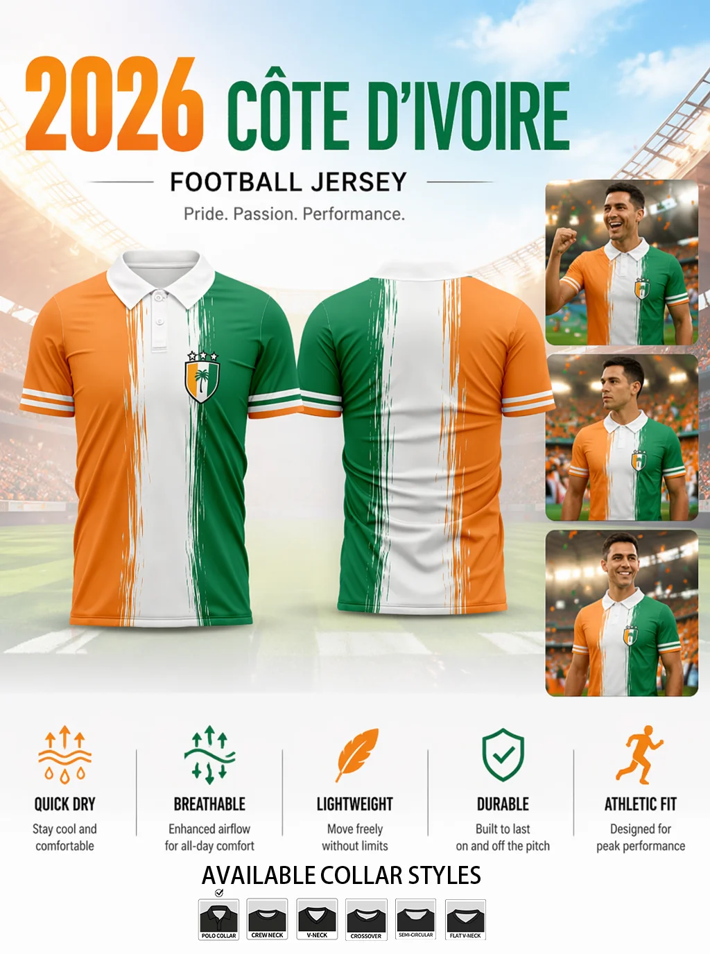 2026 Cote d'Ivoire performance football jersey. Lightweight material keeps you cool in matches