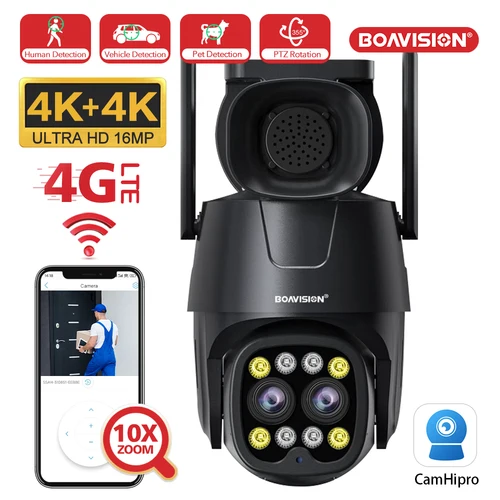 Imagen 1 del producto Cámara de seguridad con tarjeta Sim 4G y WIFI, lente Ultra HD 4K Dual de 8MP, Zoom Digital 10X, detección inteligente de personas, vehículos y mascotas, 16MP