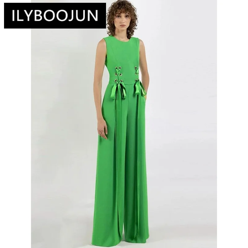 

2024 New Dark Green White Ribbon Lace Up Sleeveless Wide Leg Jumpsuit for Women Ladies Wedding Wear One Piece Workout Jumpsuit